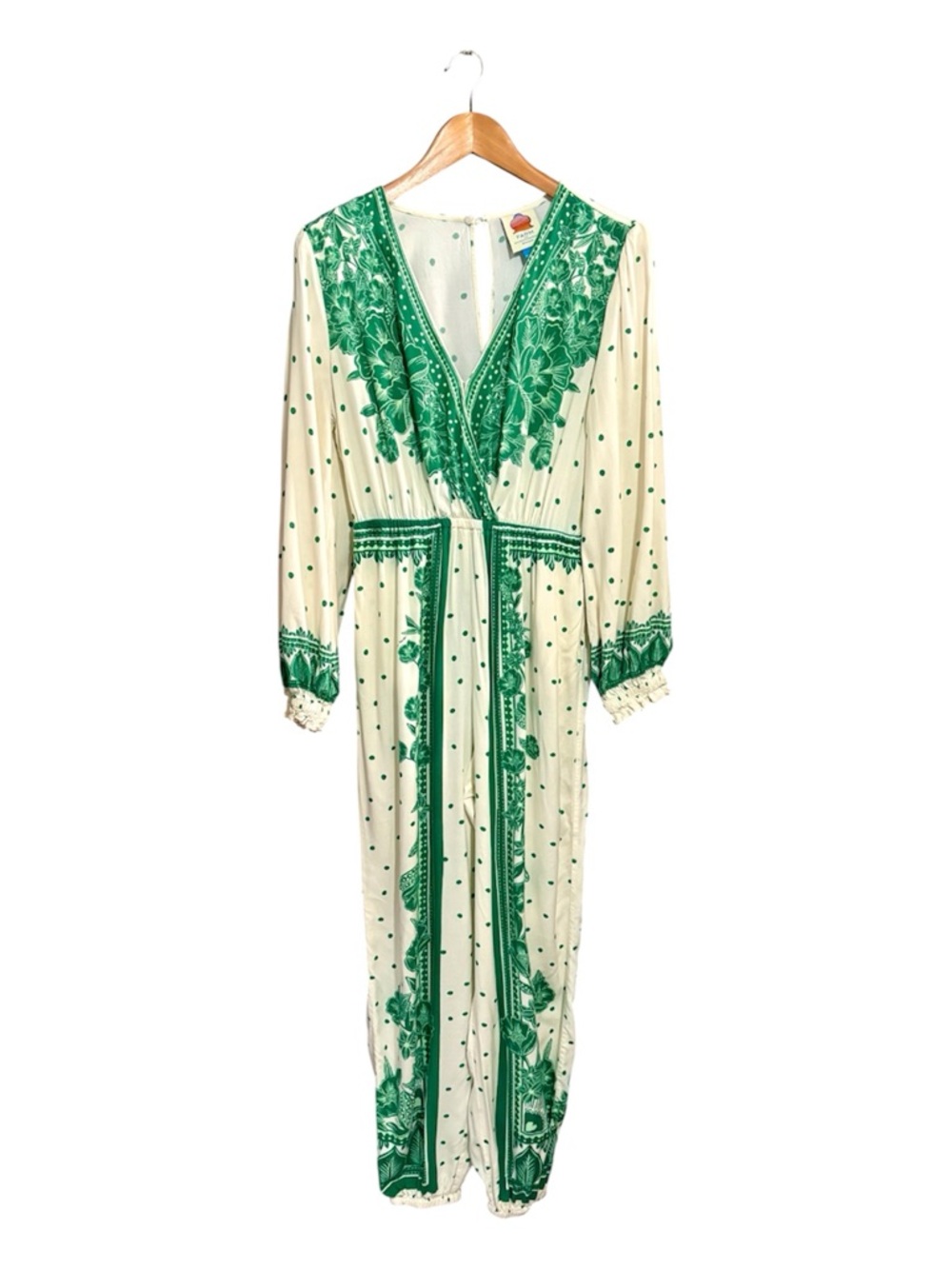 FARM RIO C ANTHROPOLOGIE Green & Cream Floral Dot Jumpsuit - Picture 3 of 10